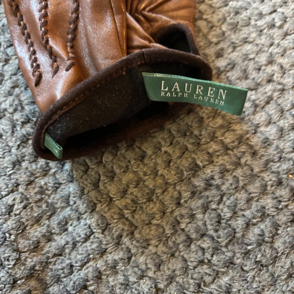 Lauren Ralph Lauren Womens Brown Leather Whipstitch Gloves RL Logo Cognac